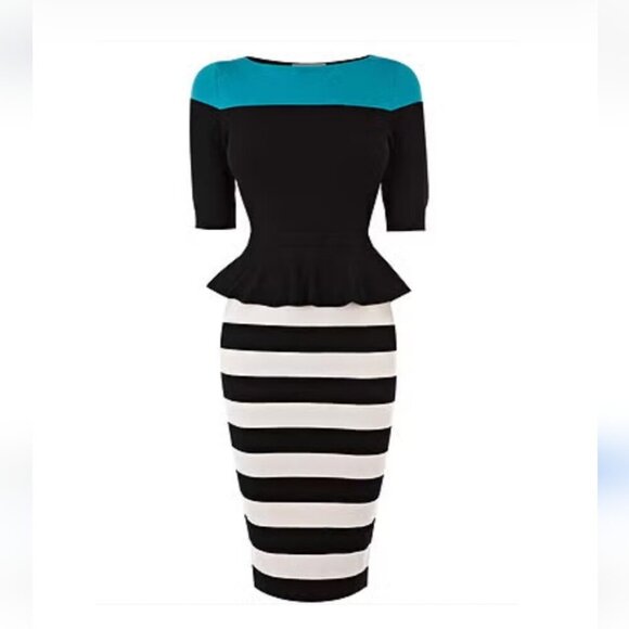 *SOLD* KAREN MILLEN | Peplum Dress Stripes Black Teal Sz 4 - Picture 1 of 5